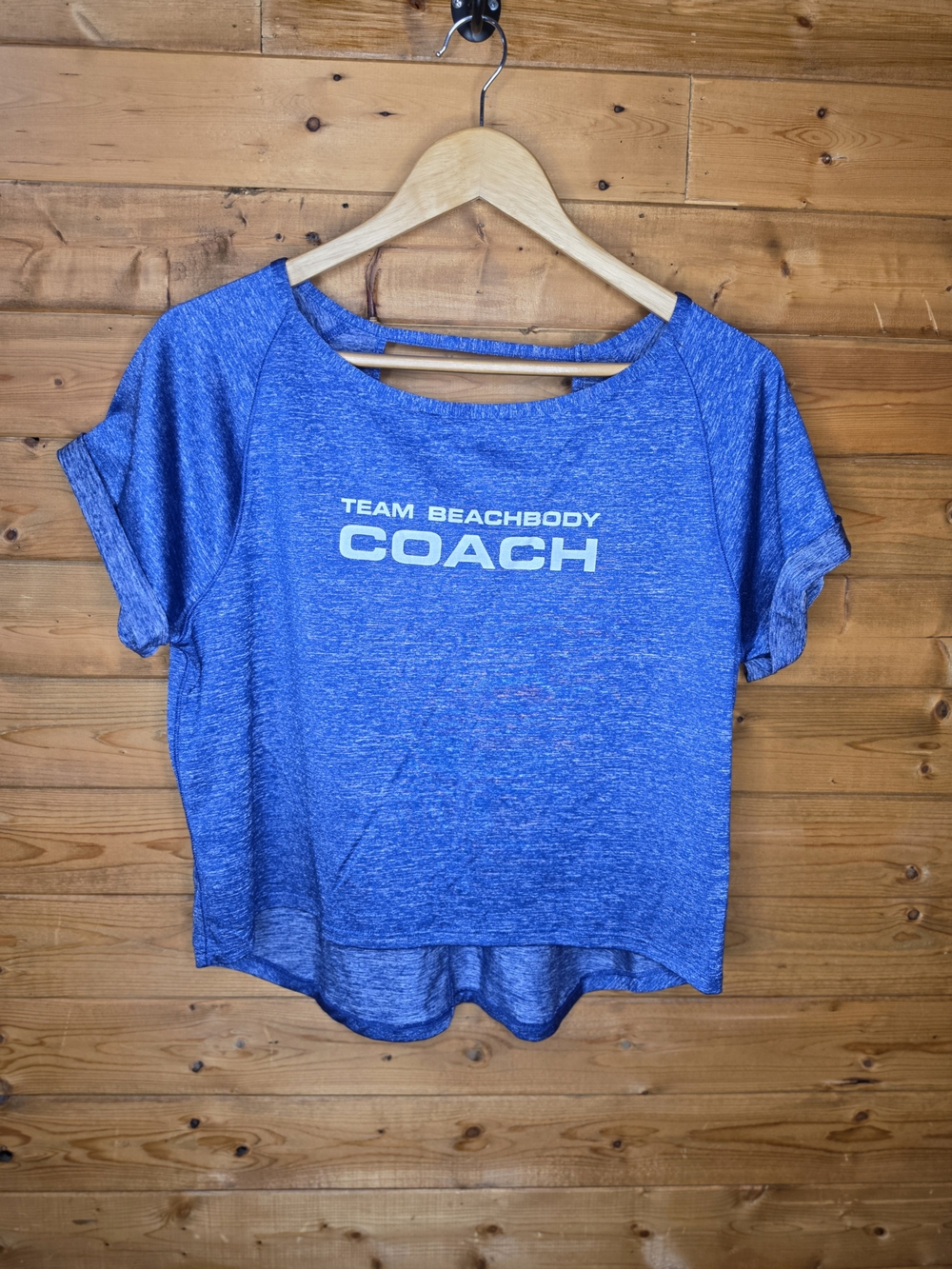 ❤️ Beachbody Blue Heather 'Team Beachbody Coach' Scoop Neck Tee Crop Top Size XS